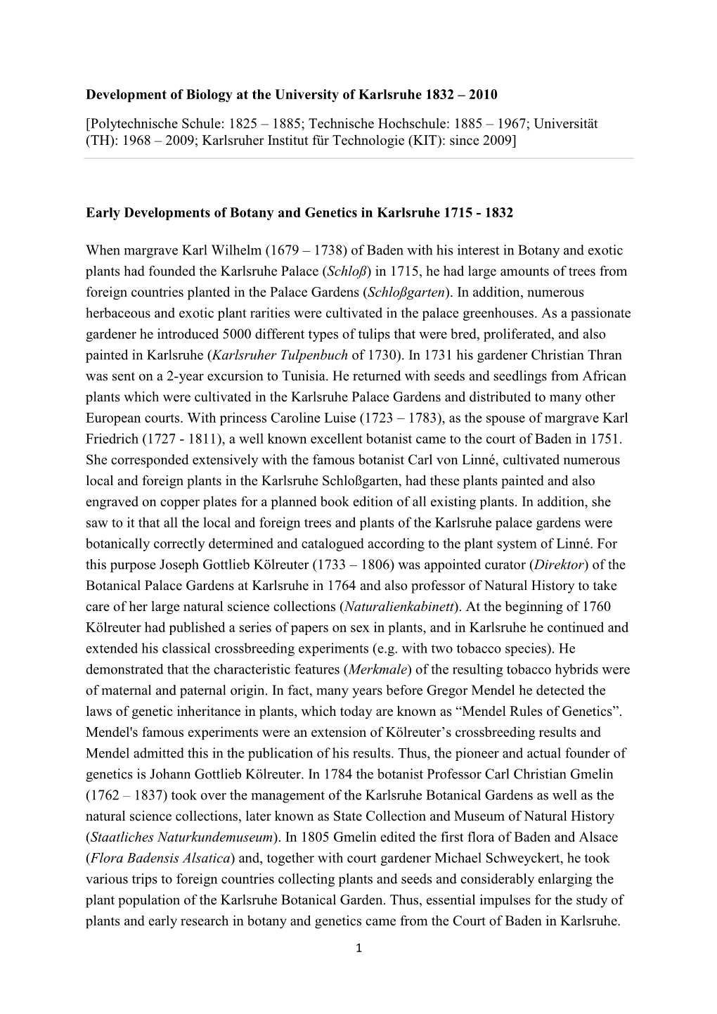 Development of Biology at the University of Karlsruhe 1832 – 2010