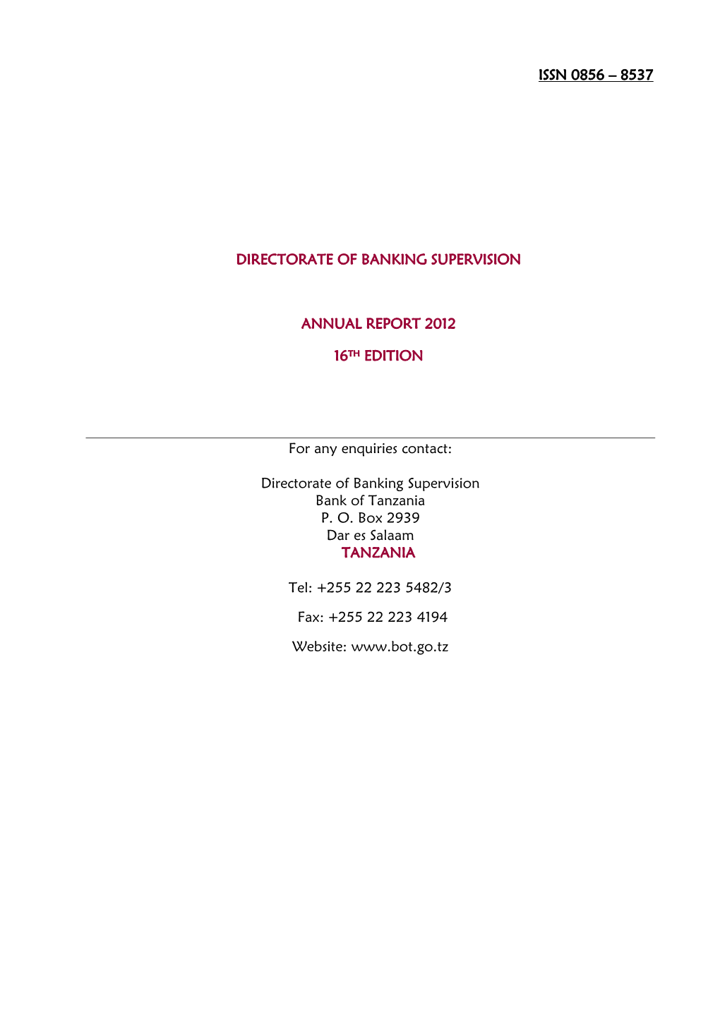 Directorate of Banking Supervision Annual Report 2012 16Th Edition