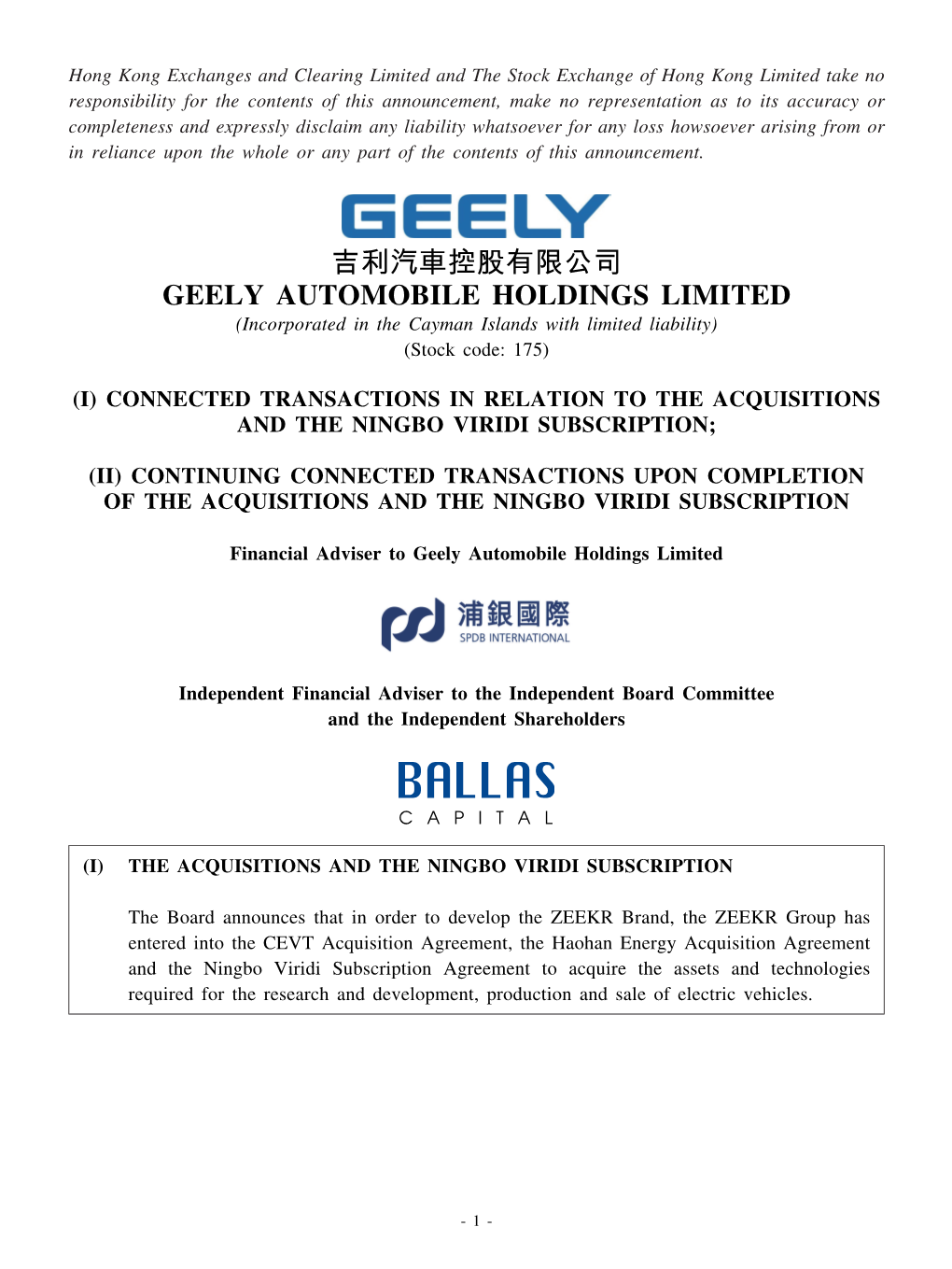 Connected Transactions in Relation to the Acquisitions and the Ningbo Viridi Subscription;