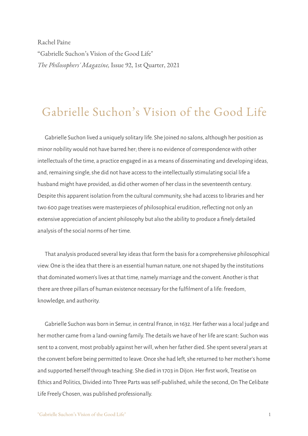 Gabrielle Suchon's Vision of the Good Life