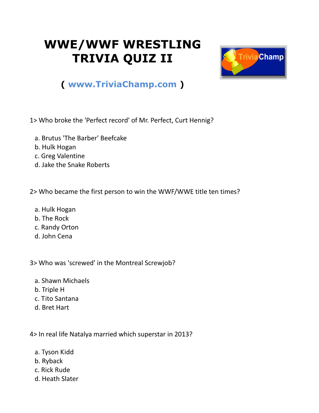 Wwe/Wwf Wrestling Trivia Quiz Ii