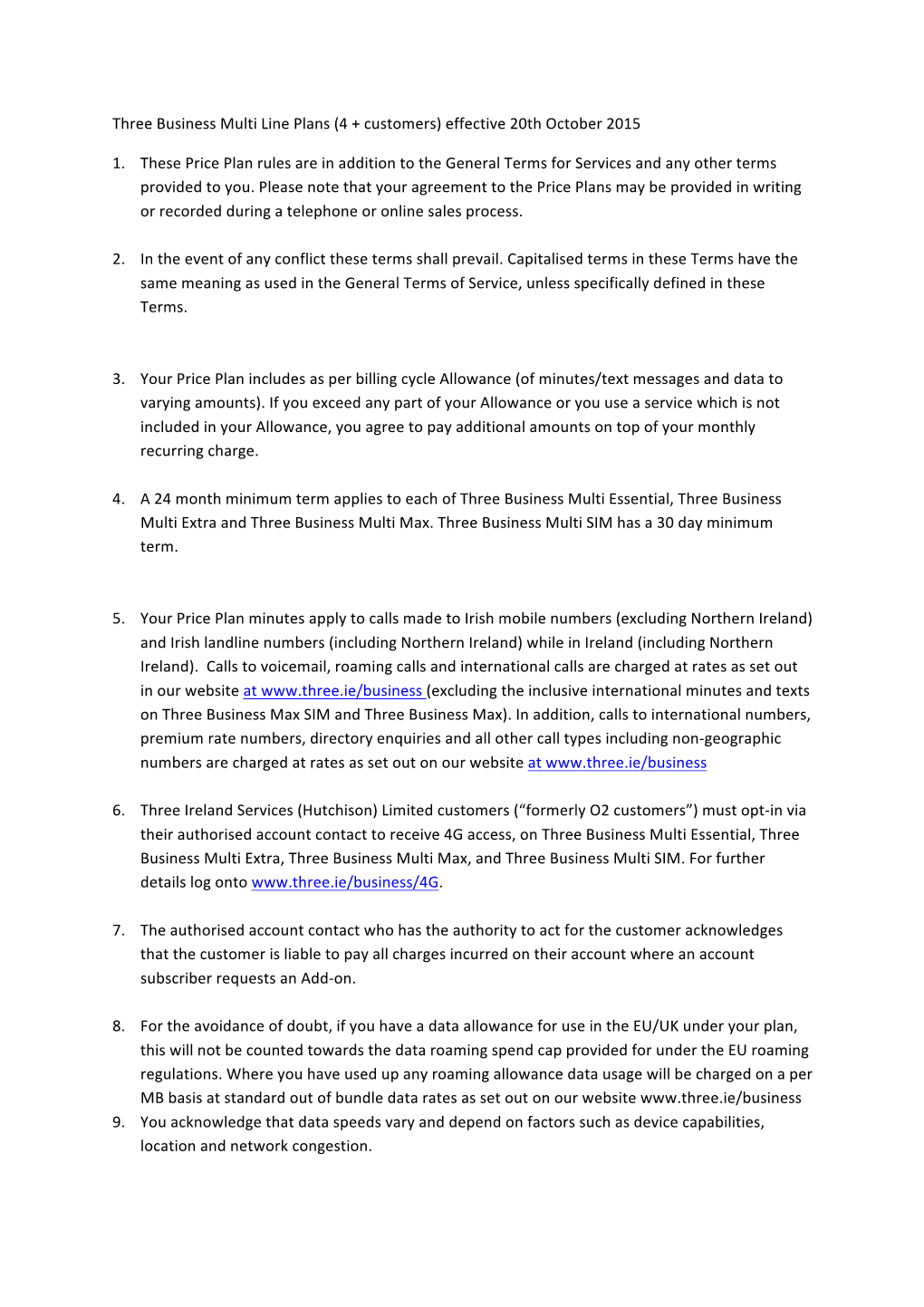 Three Business Multi Line Plans (4 + Customers) Effective 20Th October 2015