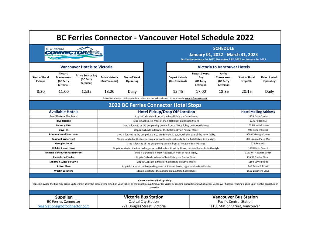 Vancouver Hotel Schedule 2022