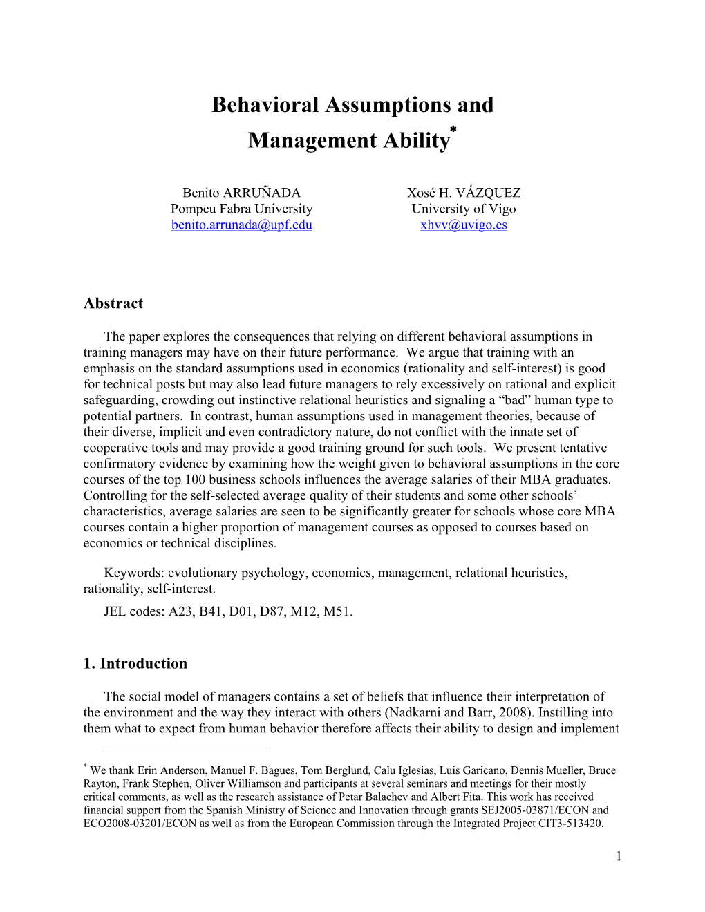 Behavioral Assumptions and Management Ability∗