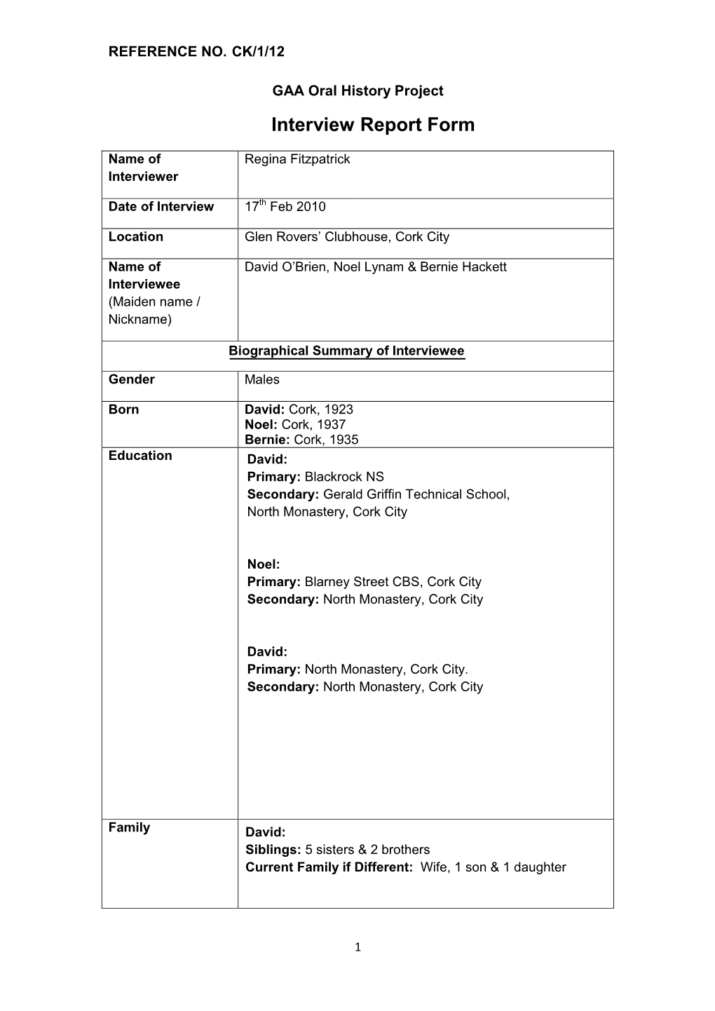 GAA Oral History Project Interview Report Form