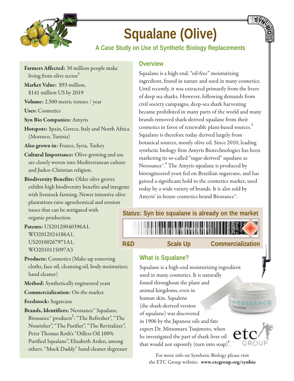 Squalane (Olive) a Case Study on Use of Synthetic Biology Replacements