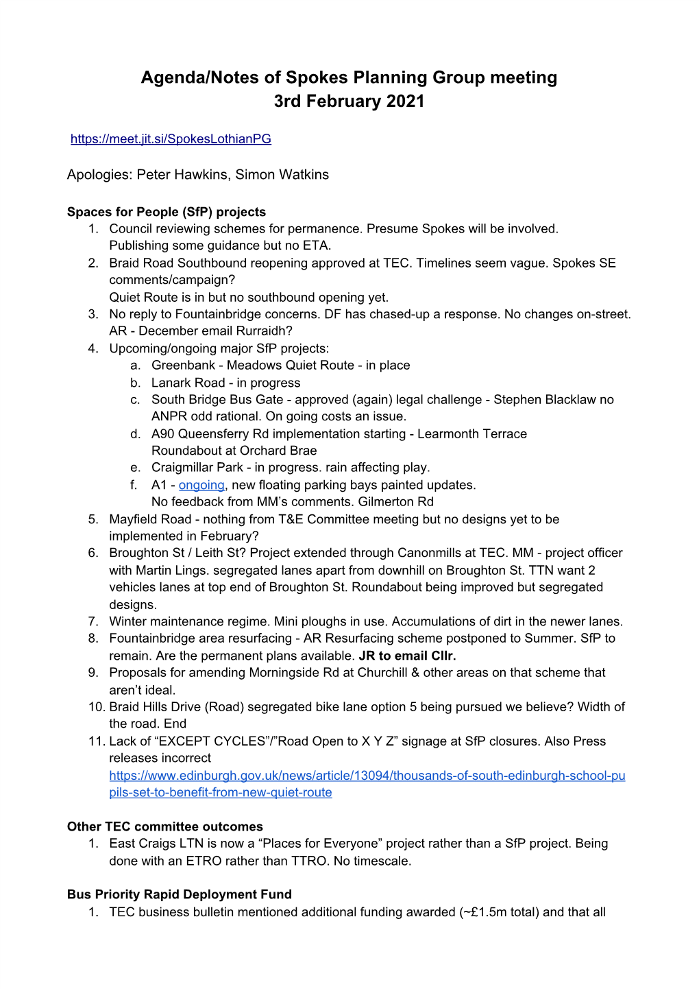 Agenda/Notes of Spokes Planning Group Meeting 3Rd February 2021