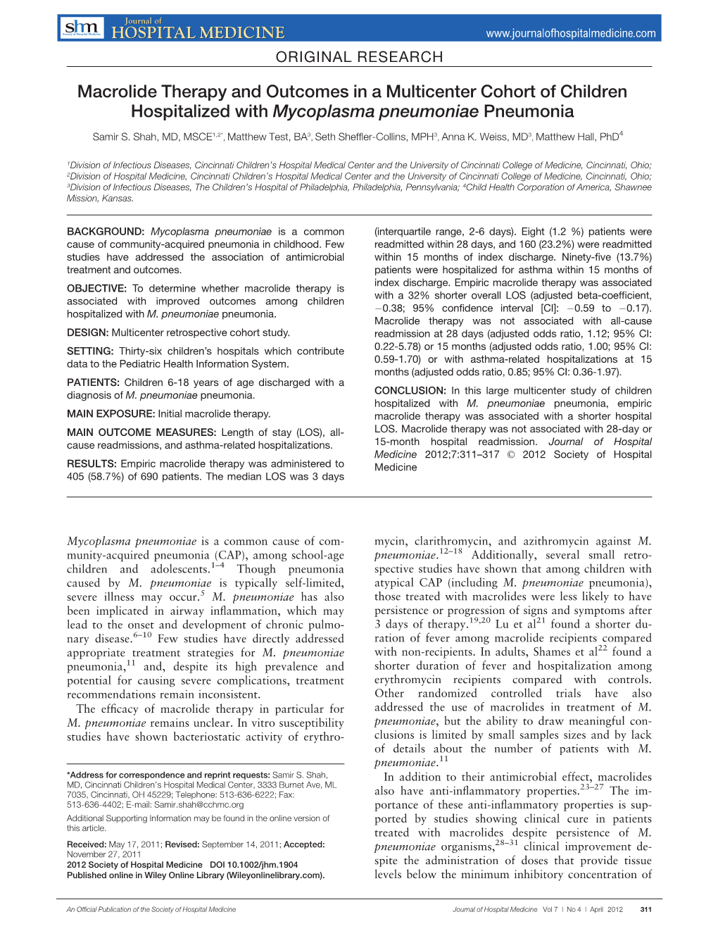 Macrolide Therapy and Outcomes in a Multicenter Cohort of Children Hospitalized with Mycoplasma Pneumoniae Pneumonia