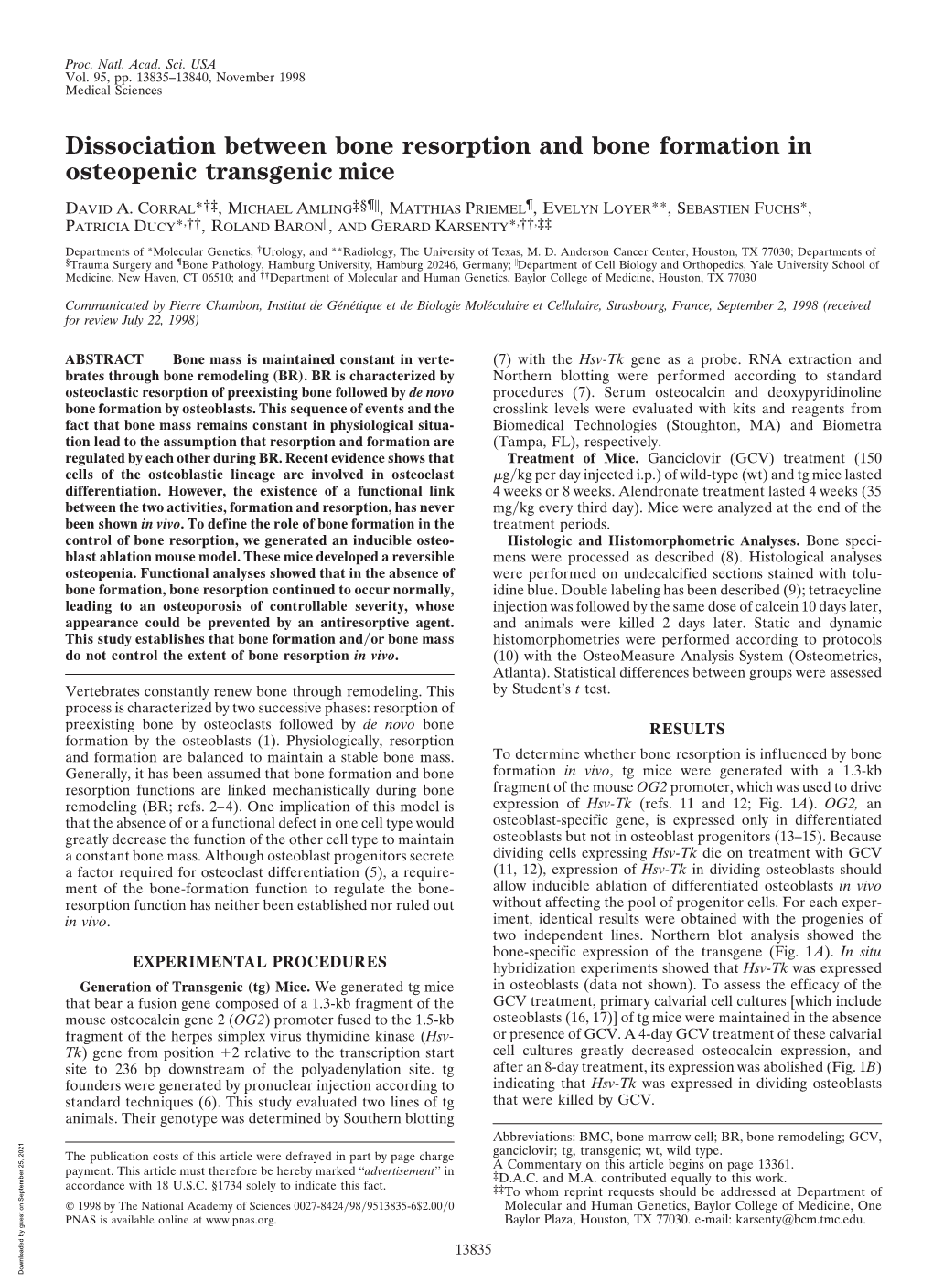 Dissociation Between Bone Resorption and Bone Formation in Osteopenic Transgenic Mice