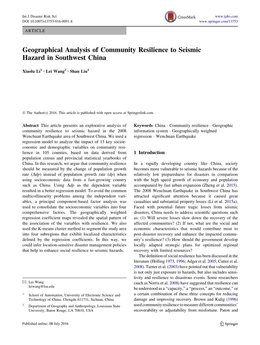 Geographical Analysis of Community Resilience to Seismic Hazard in Southwest China