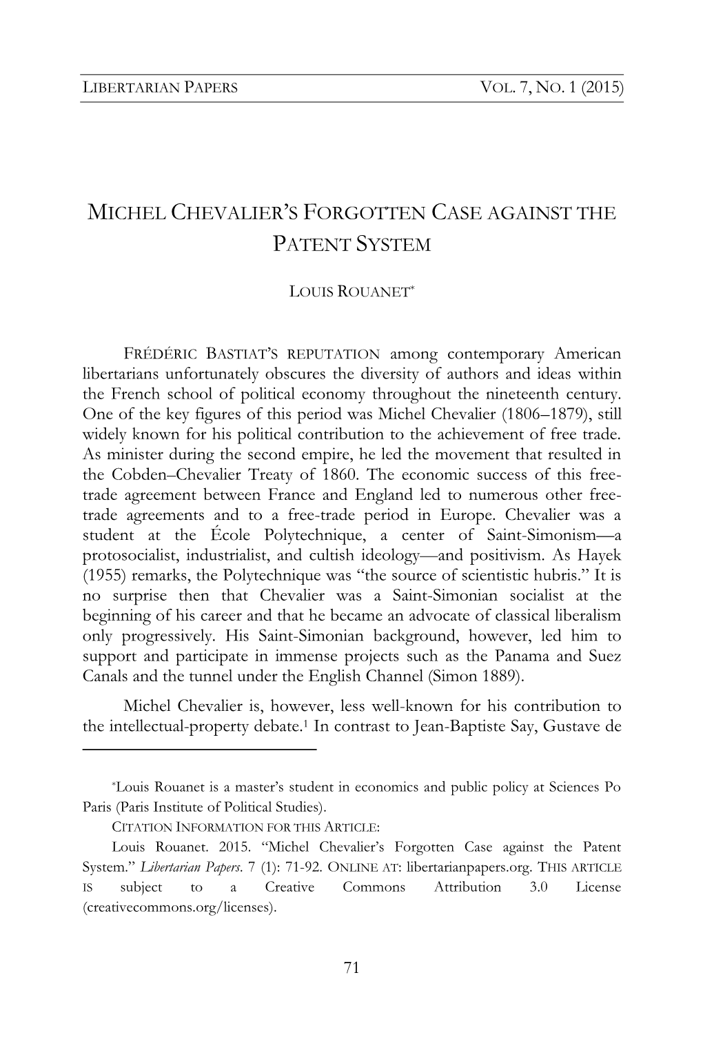 Michel Chevalier's Forgotten Case Against the Patent