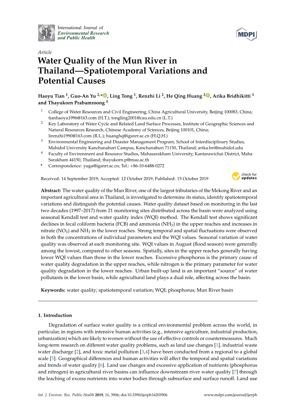 Water Quality of the Mun River in Thailand—Spatiotemporal Variations and Potential Causes