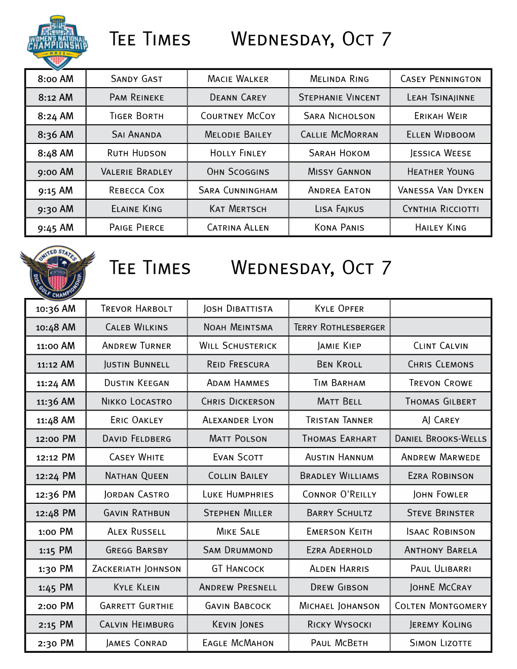 Tee Times Tee Times Wednesday, Oct 7 Wednesday, Oct 7