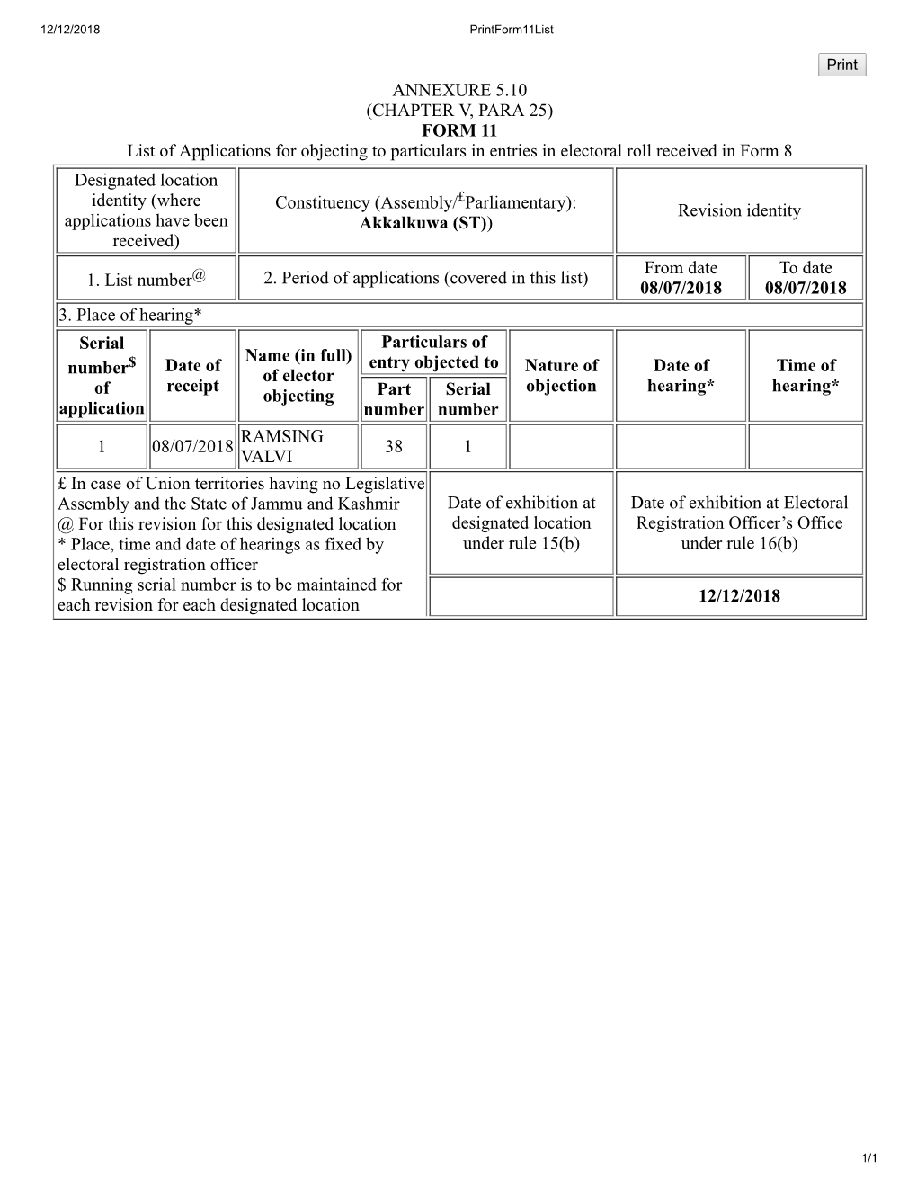 ANNEXURE 5.10 (CHAPTER V, PARA 25) FORM 11 List of Applications for Objecting to Particulars in Entries in Electoral Roll Receiv