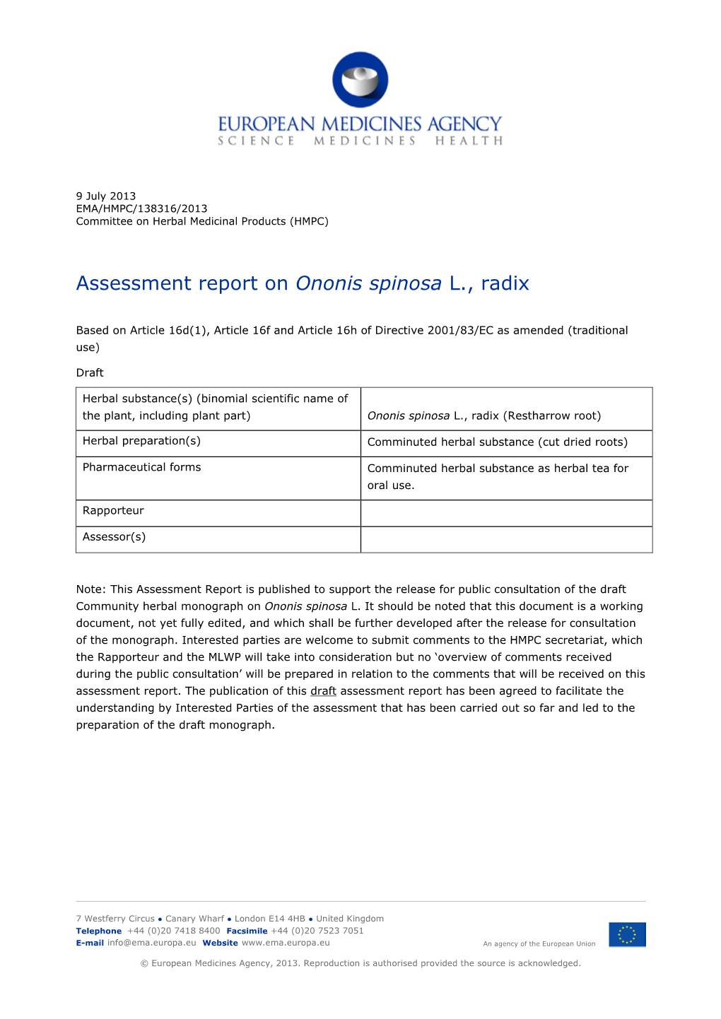 Assessment Report on Ononis Spinosa L., Radix