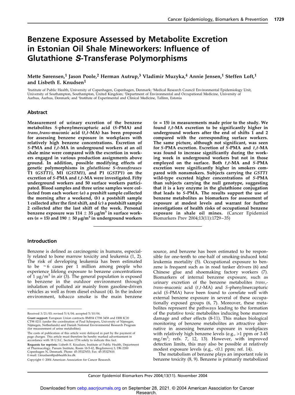 Benzene Exposure Assessed by Metabolite Excretion in Estonian Oil Shale Mineworkers: Influence of Glutathione S-Transferase Polymorphisms
