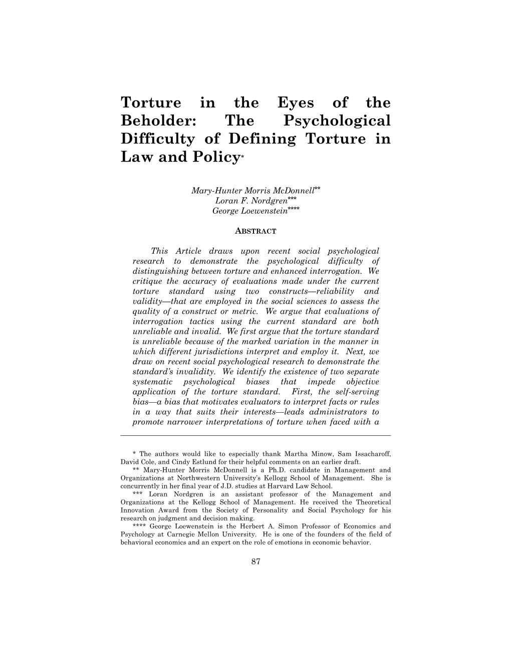 Torture in the Eyes of the Beholder: the Psychological Difficulty of Defining Torture in Law and Policy*