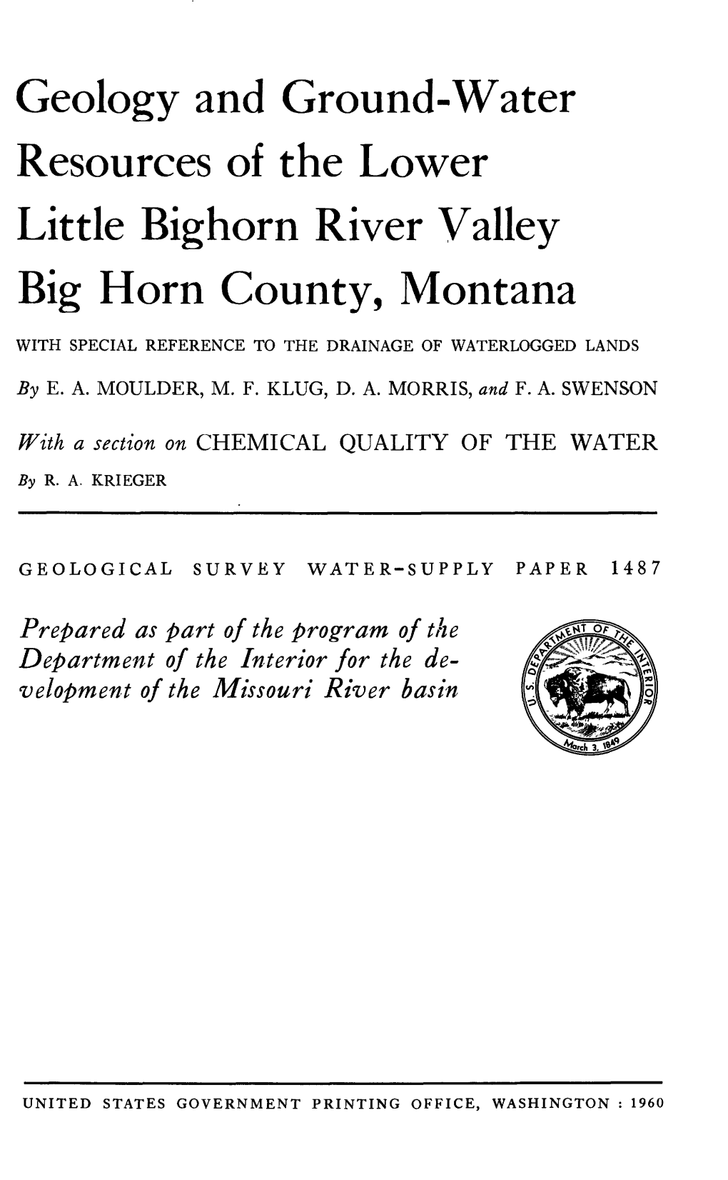 Geology and Ground-Water Resources of the Lower Little Bighorn River Valley Big Horn County, Montana