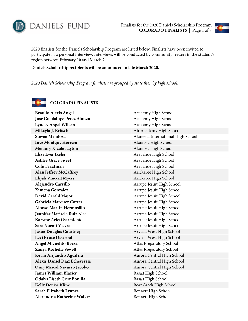 Finalists for the 2020 Daniels Scholarship Program COLORADO FINALISTS | Page 1 of 7
