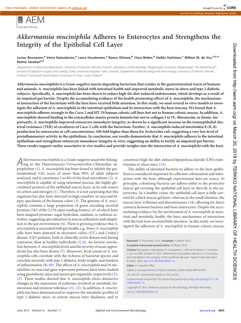 Akkermansia Muciniphila Adheres to Enterocytes and Strengthens the Integrity of the Epithelial Cell Layer Downloaded From