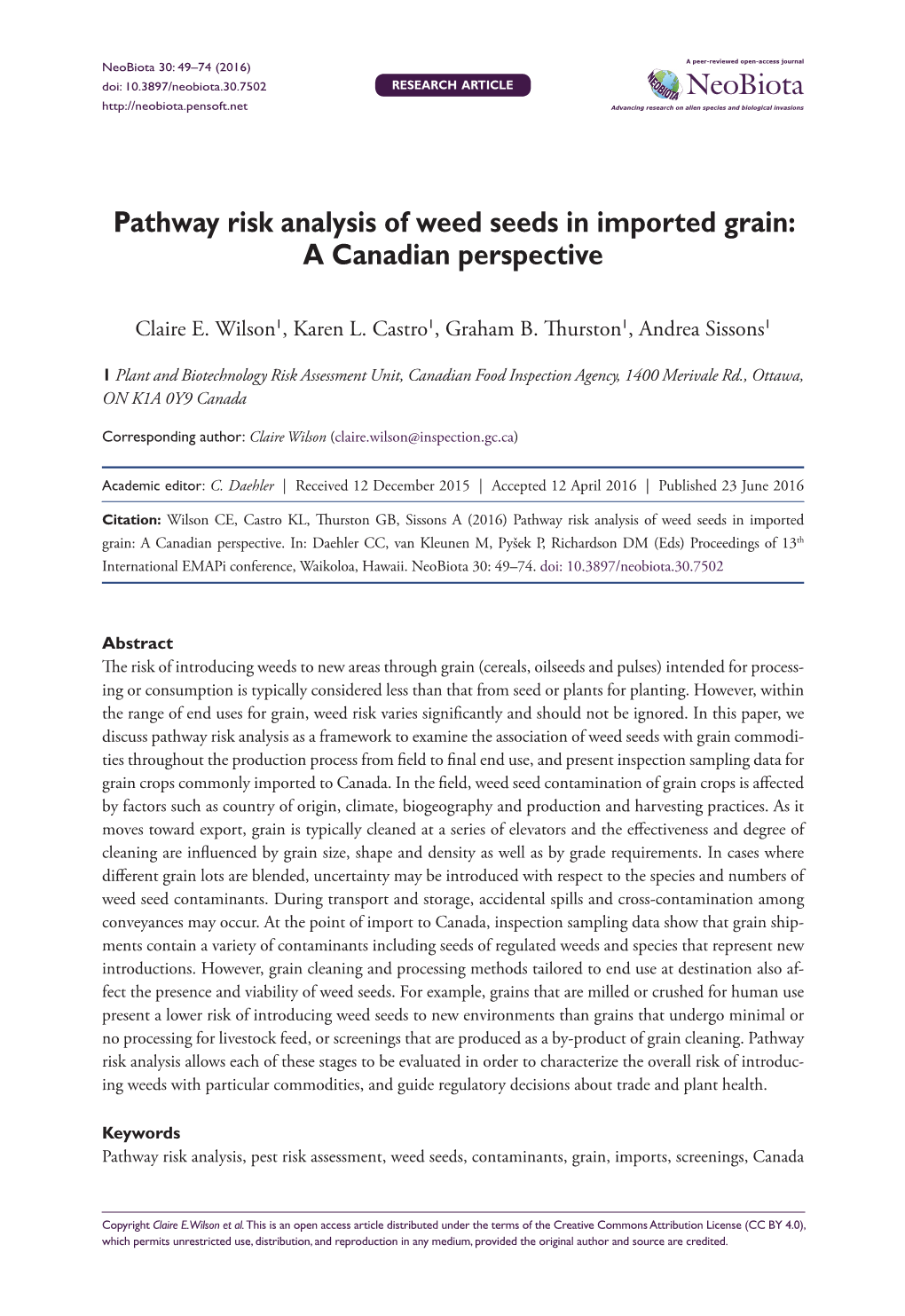 Pathway Risk Analysis of Weed Seeds in Imported Grain: a Canadian Perspective