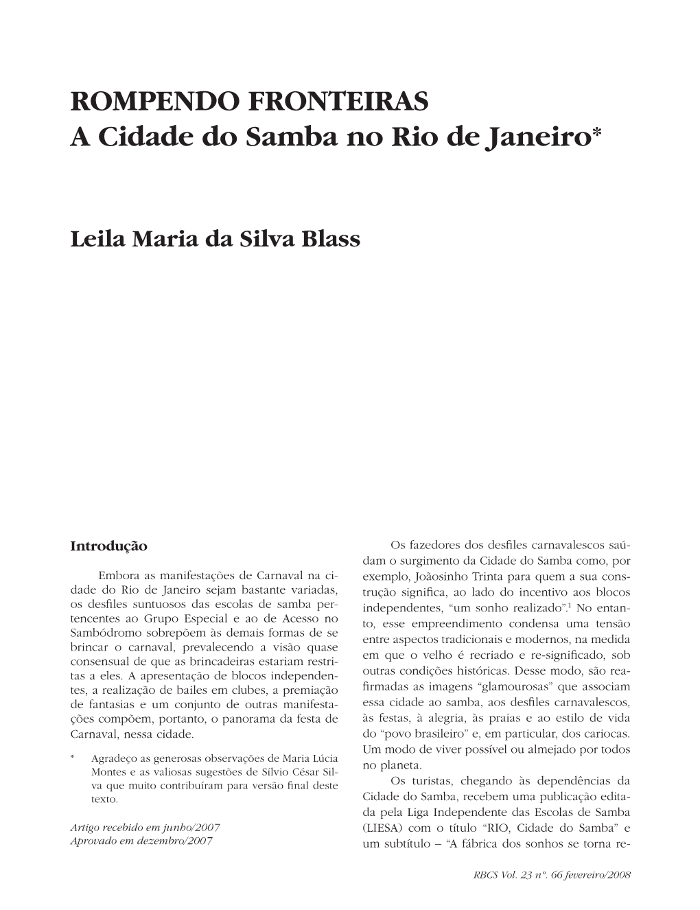 Rompendo Fronteiras a Cidade Do Samba No Rio De Janeiro*