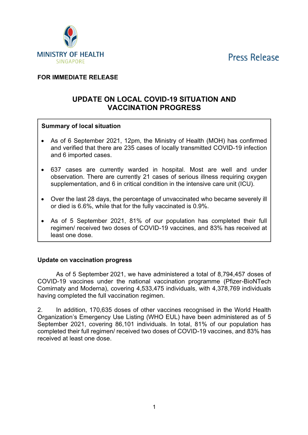 Update on Local Covid-19 Situation and Vaccination Progress