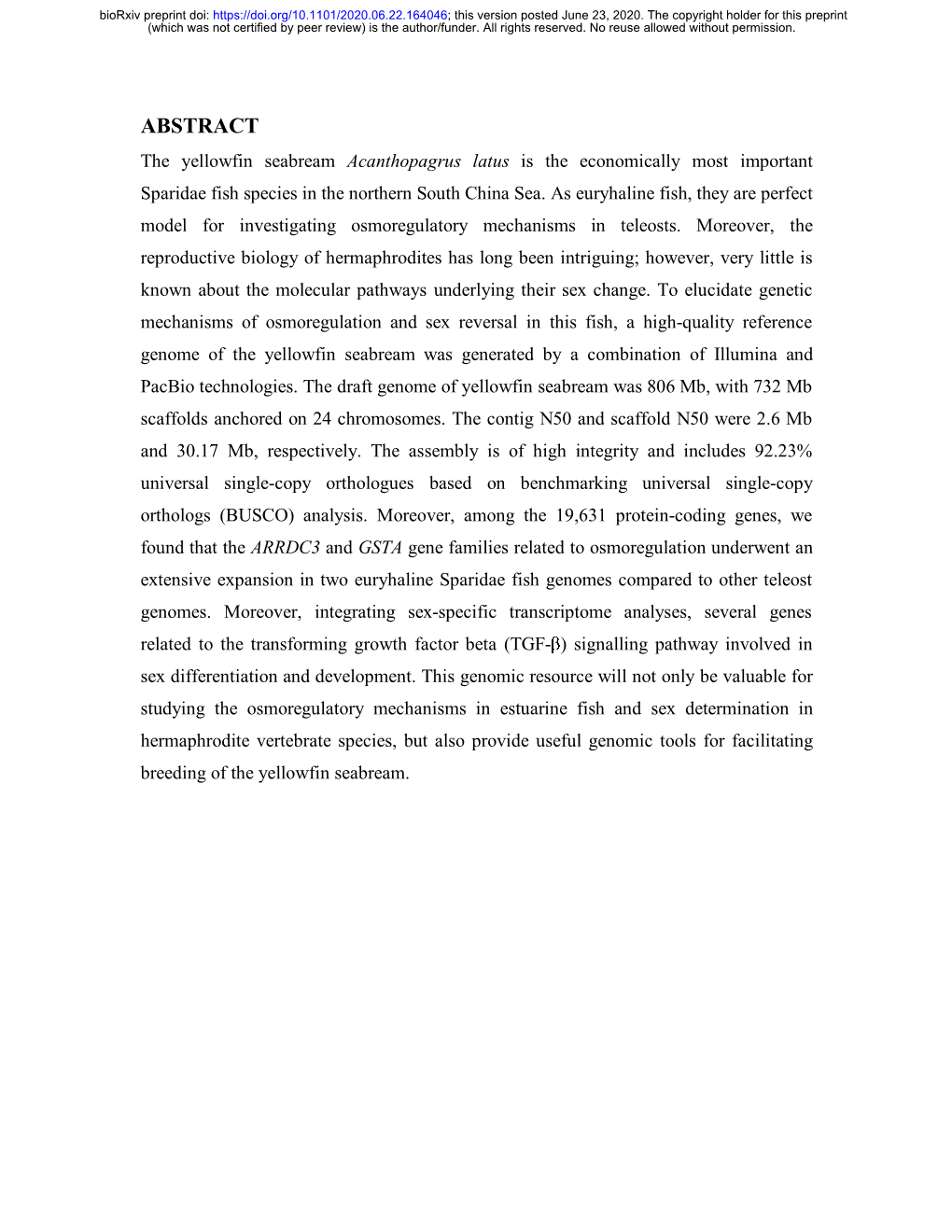 A Chromosome-Level Genome Assembly of the Yellowfin Seabream (Acanthopagrus Latus) (Hottuyn, 1782) Provides Insights Into Its Osmoregulation and Sex Reversal