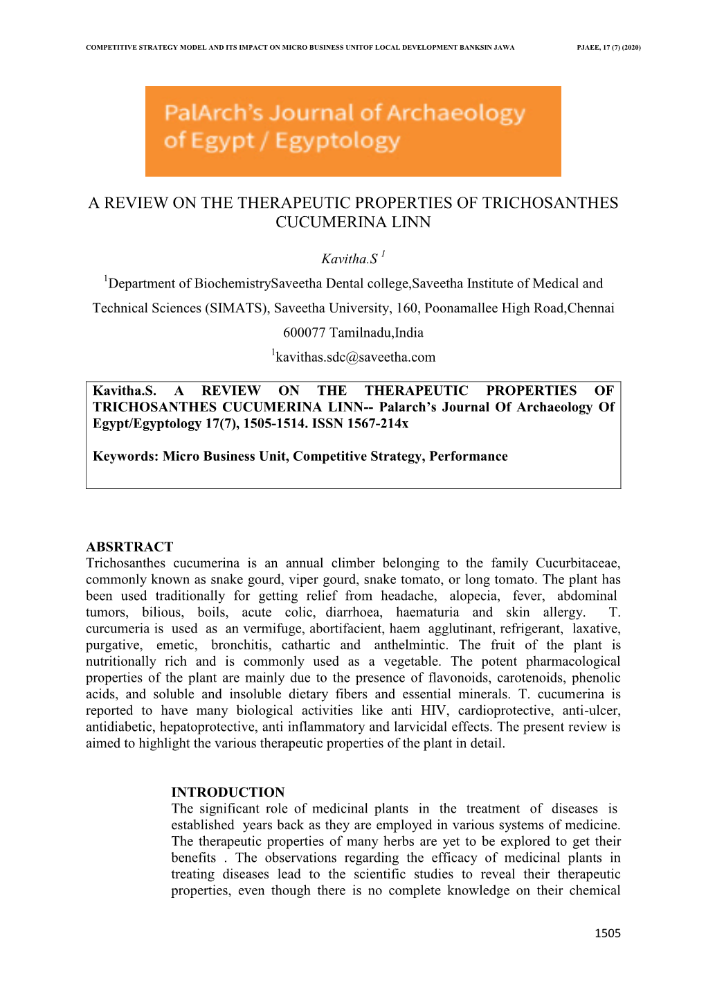 A Review on the Therapeutic Properties of Trichosanthes Cucumerina Linn