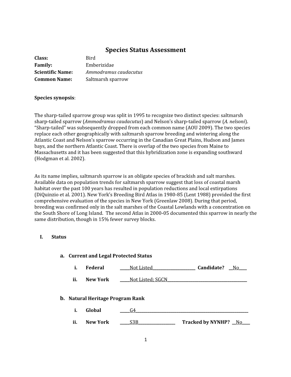 Species Assessment for Saltmarsh Sparrow