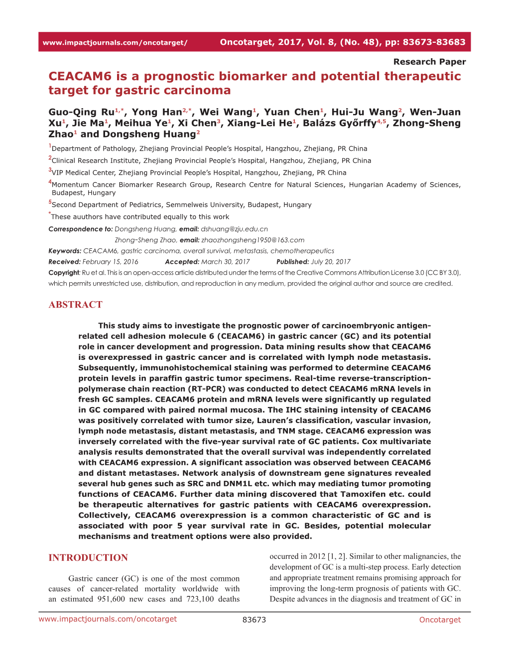 CEACAM6 Is a Prognostic Biomarker and Potential Therapeutic Target for Gastric Carcinoma