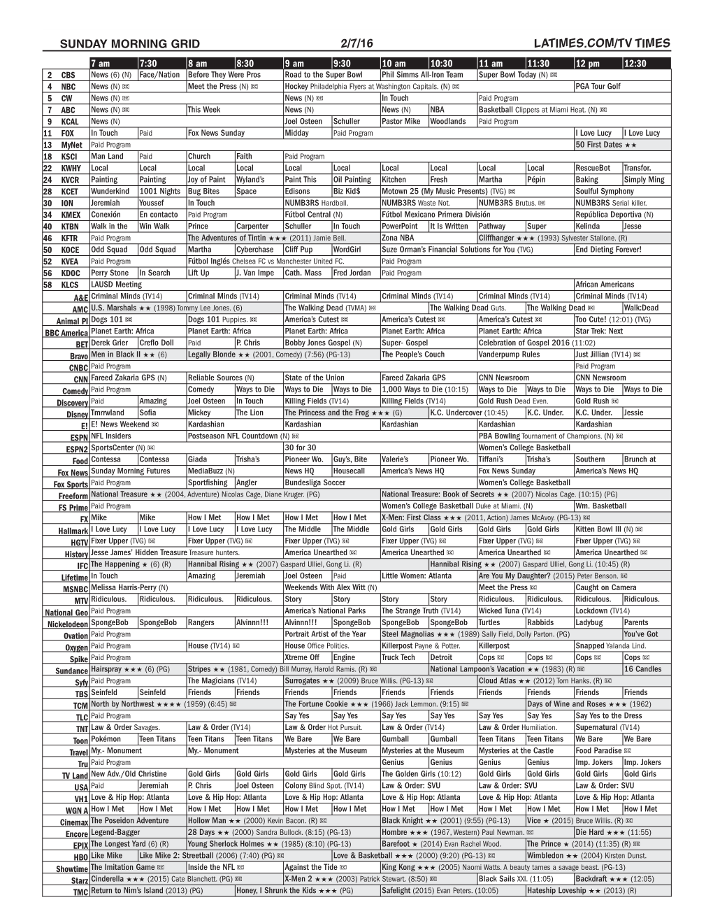 Sunday Morning Grid 2/7/16 Latimes.Com/Tv Times