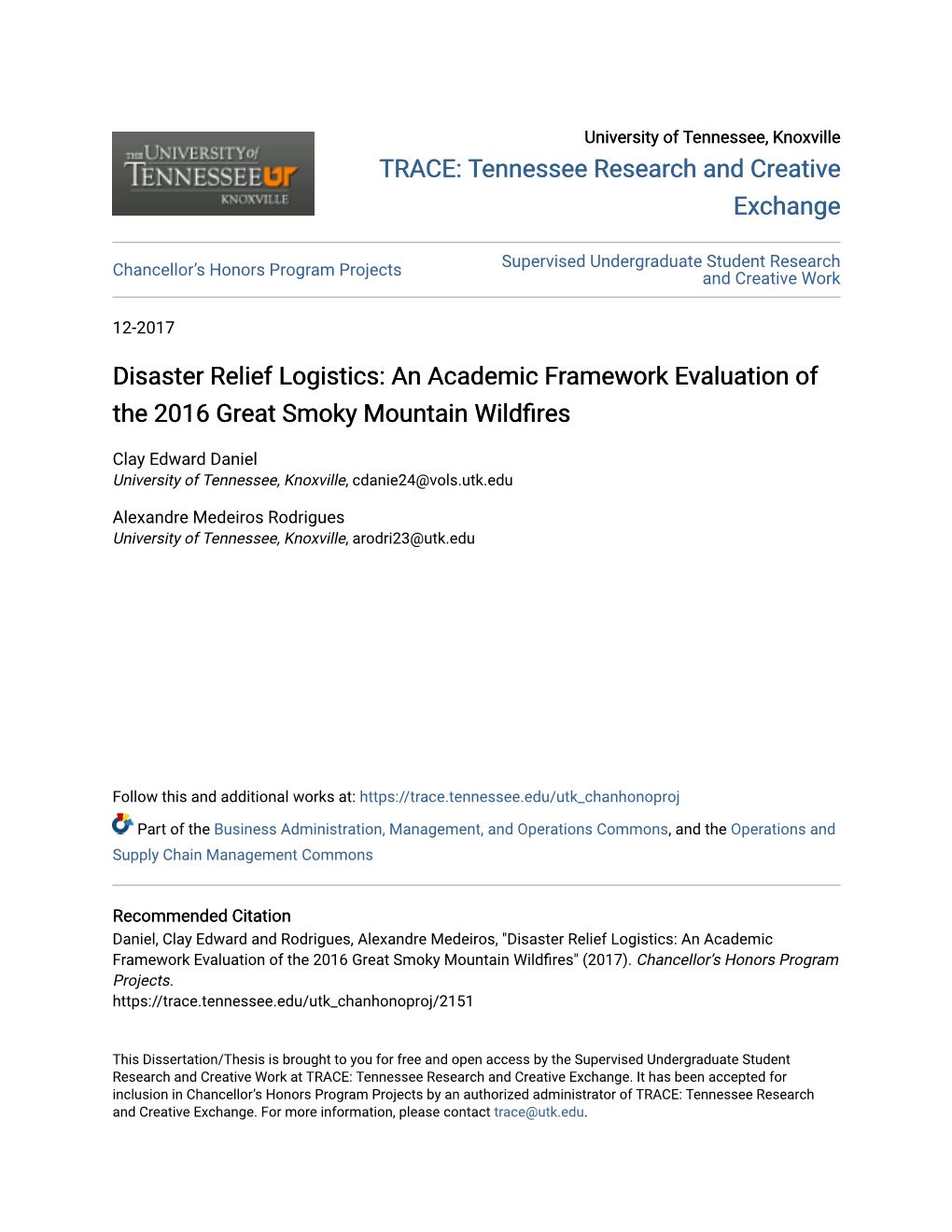 An Academic Framework Evaluation of the 2016 Great Smoky Mountain Wildfires