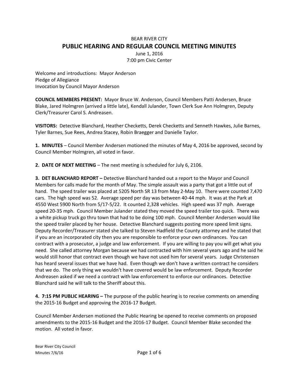 Public Hearing and Regular Council Meeting Minutes