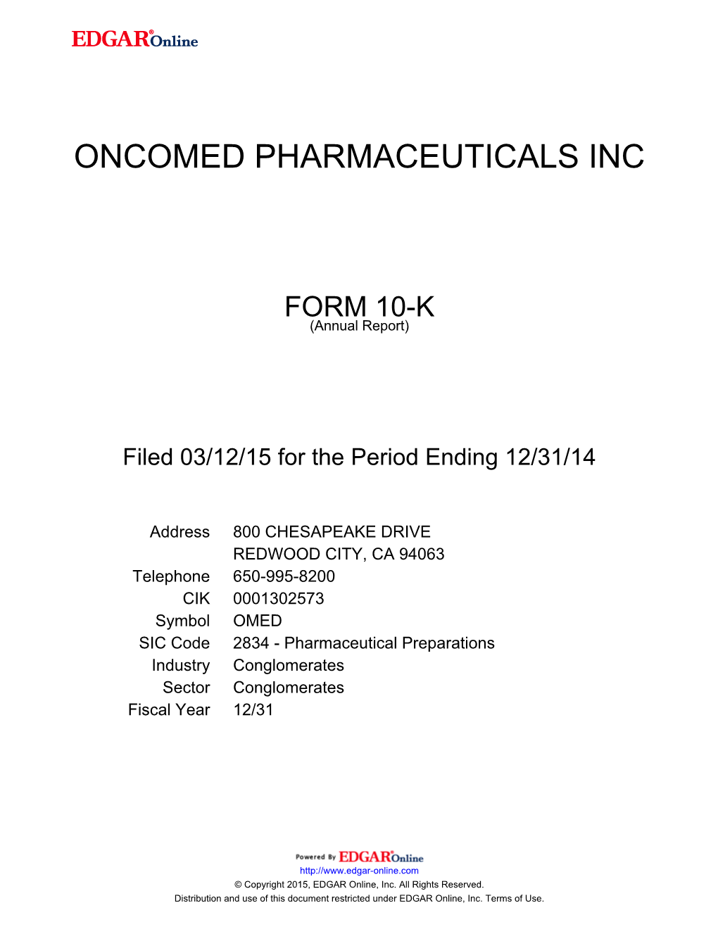 Oncomed Pharmaceuticals Inc