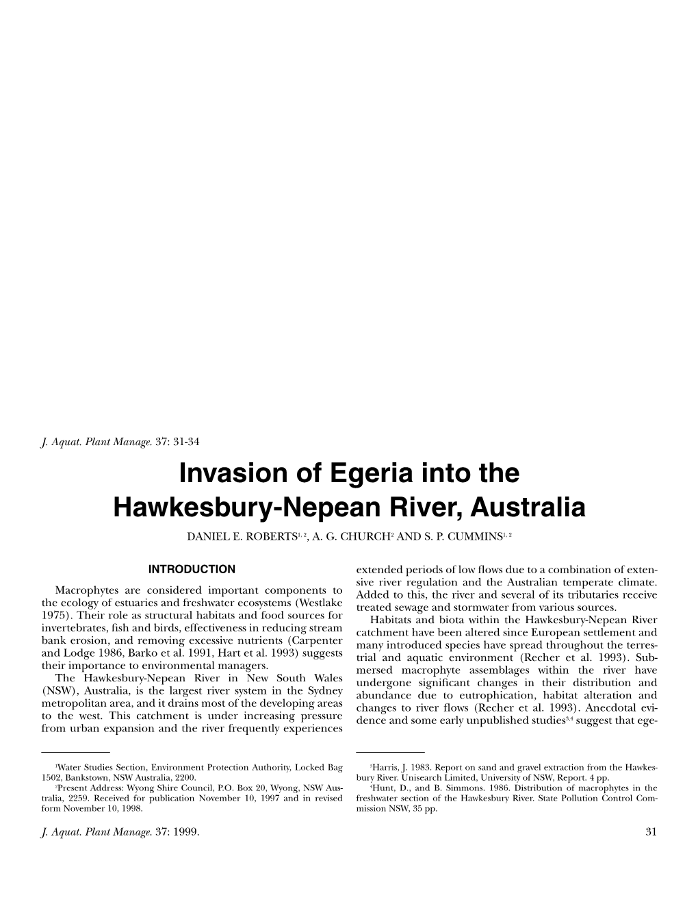 Invasion of Egeria Into the Hawkesbury-Nepean River, Australia DANIEL E