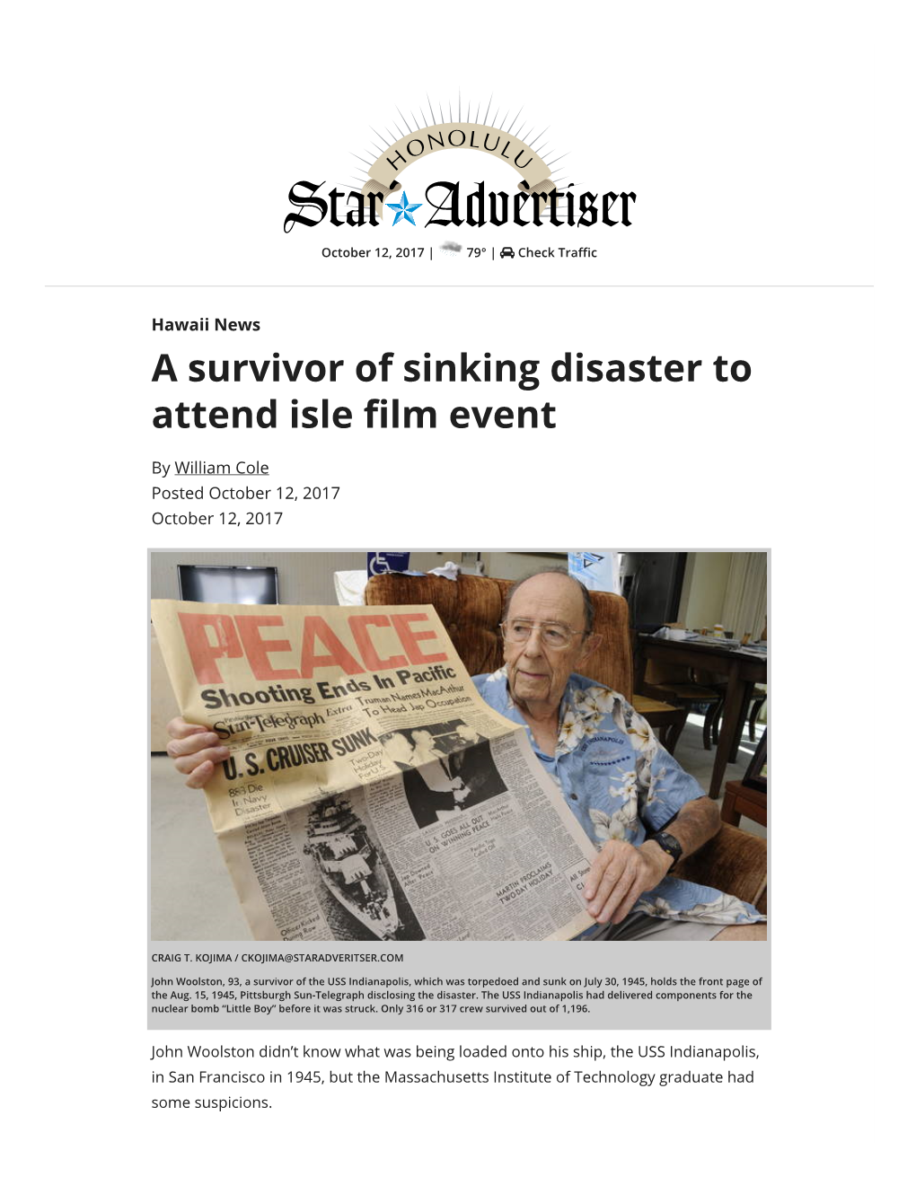 A Survivor of Sinking Disaster to Attend Isle Lm Event