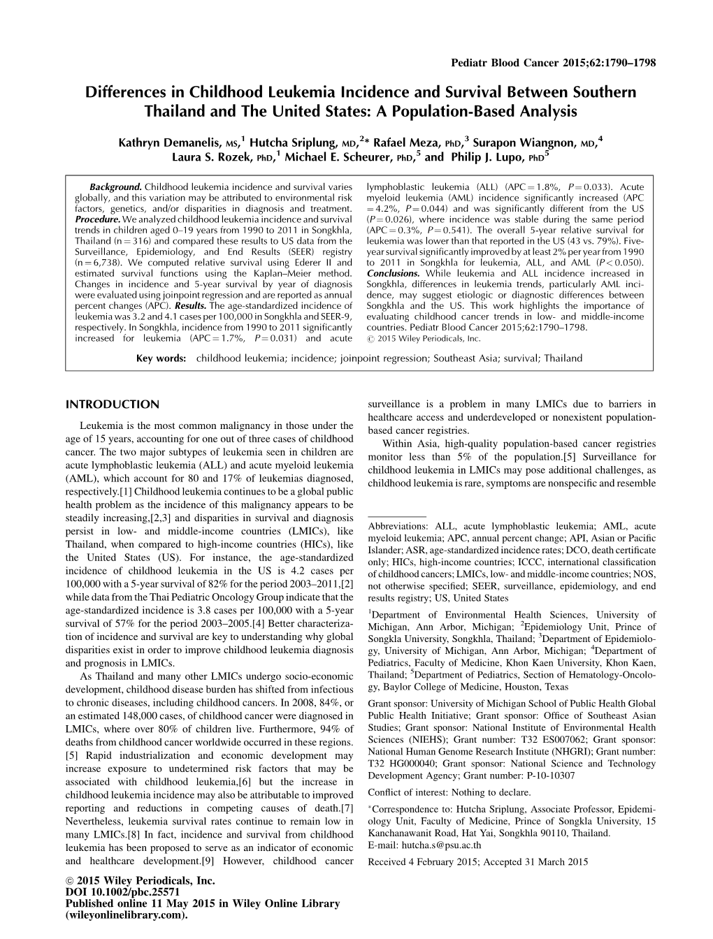 Differences in Childhood Leukemia Incidence and Survival Between Southern Thailand and the United States: a Population-Based Analysis