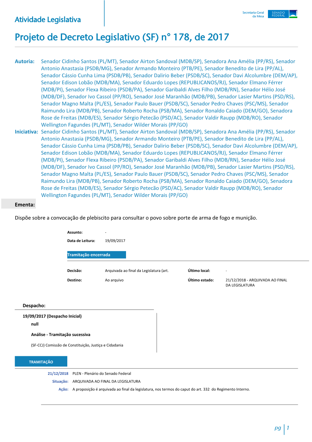 Projeto De Decreto Legislativo (SF) N° 178, De 2017
