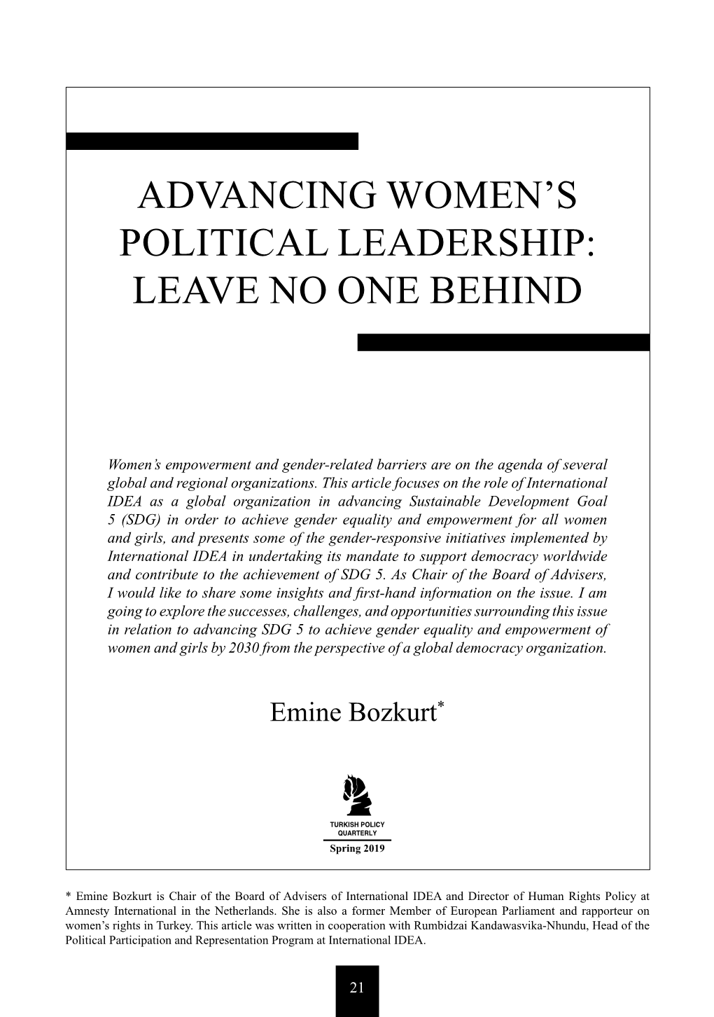 Advancing Women's Political Leadership: Leave No One BEHIND