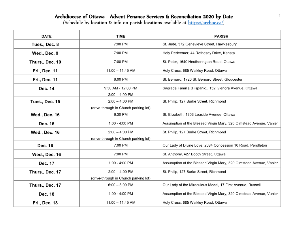 Archdiocese of Ottawa - Advent Penance Services & Reconciliation 2020 by Date 1 (Schedule by Location & Info on Parish Locations Available At