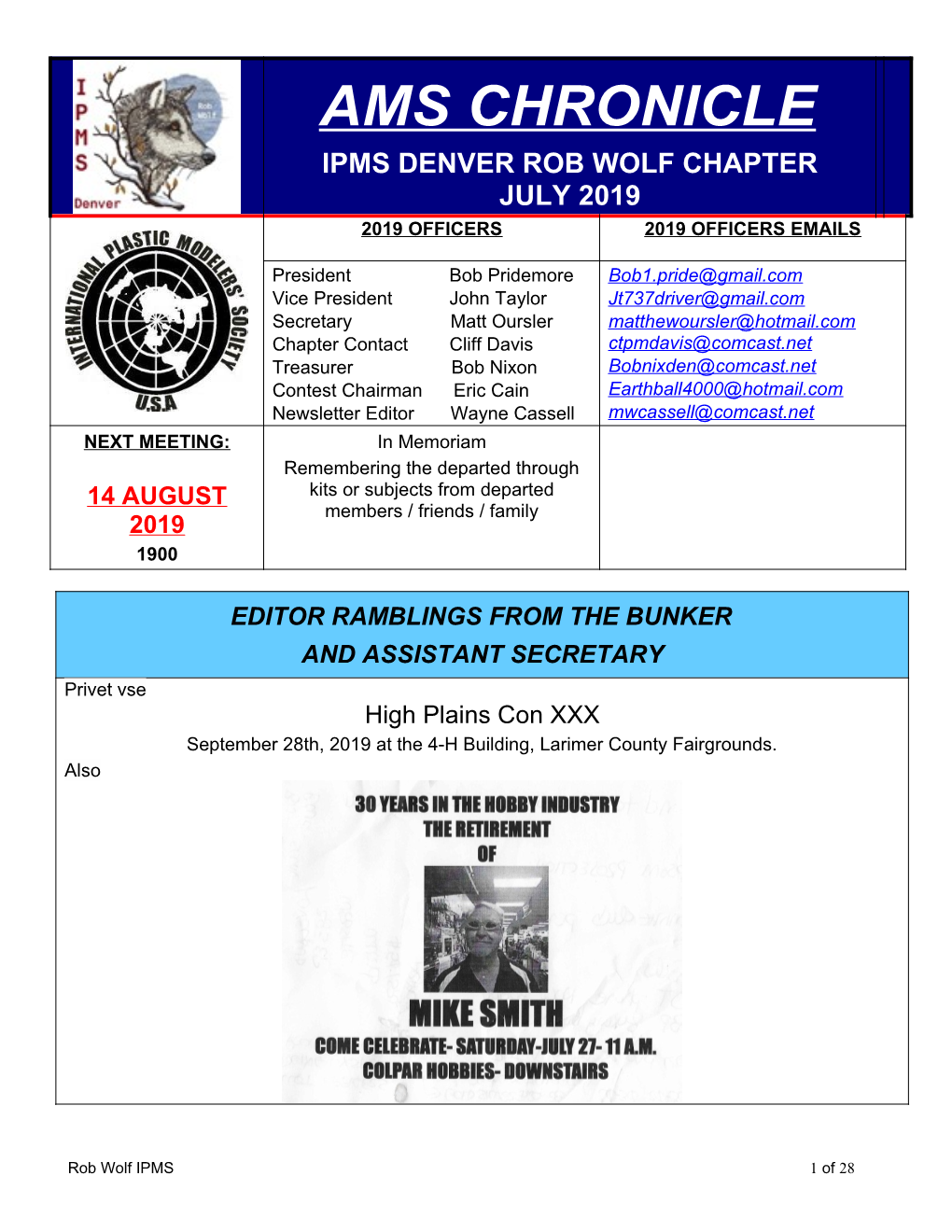 Ams Chronicle Ipms Denver Rob Wolf Chapter July 2019 2019 Officers 2019 Officers Emails