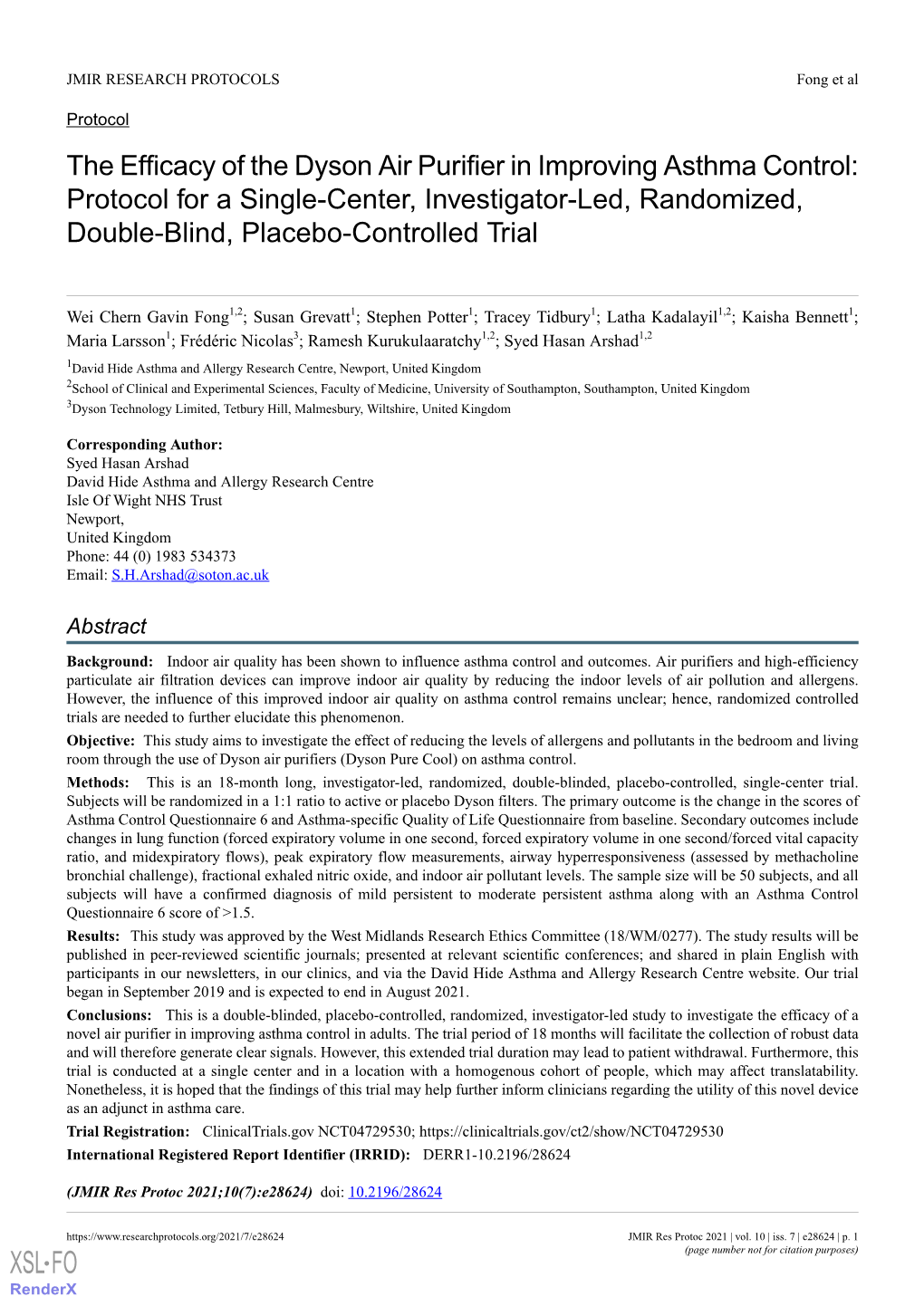 The Efficacy of the Dyson Air Purifier in Improving Asthma Control: Protocol for a Single-Center, Investigator-Led, Randomized, Double-Blind, Placebo-Controlled Trial