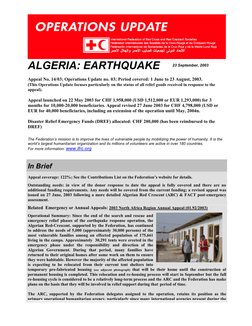 ALGERIA: EARTHQUAKE 23 September, 2003