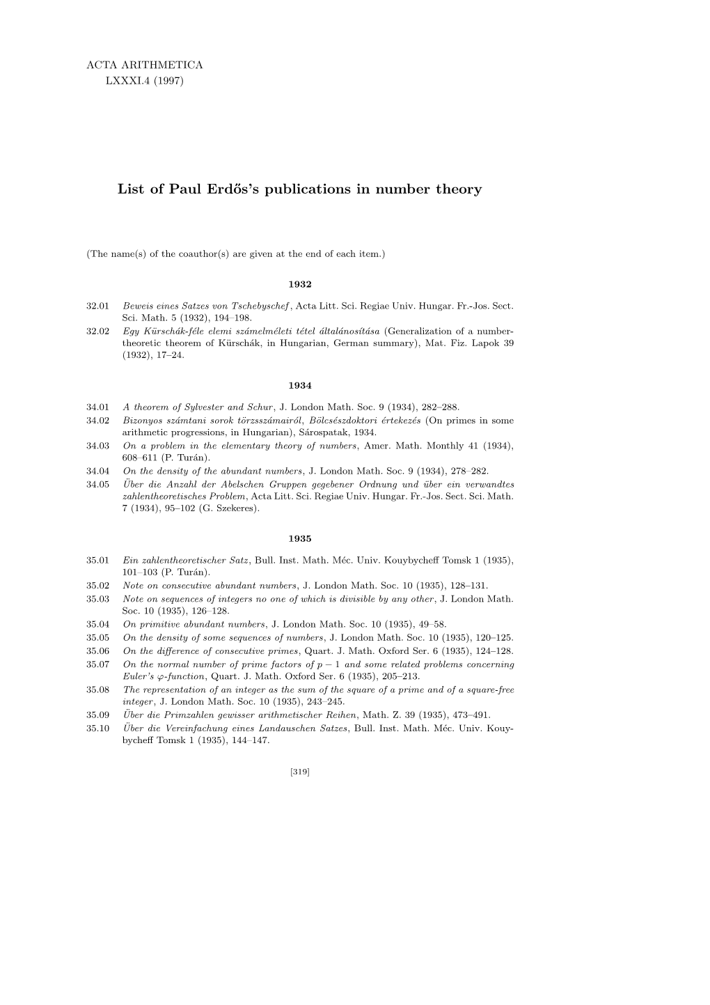 List of Paul Erd˝Os's Publications in Number Theory