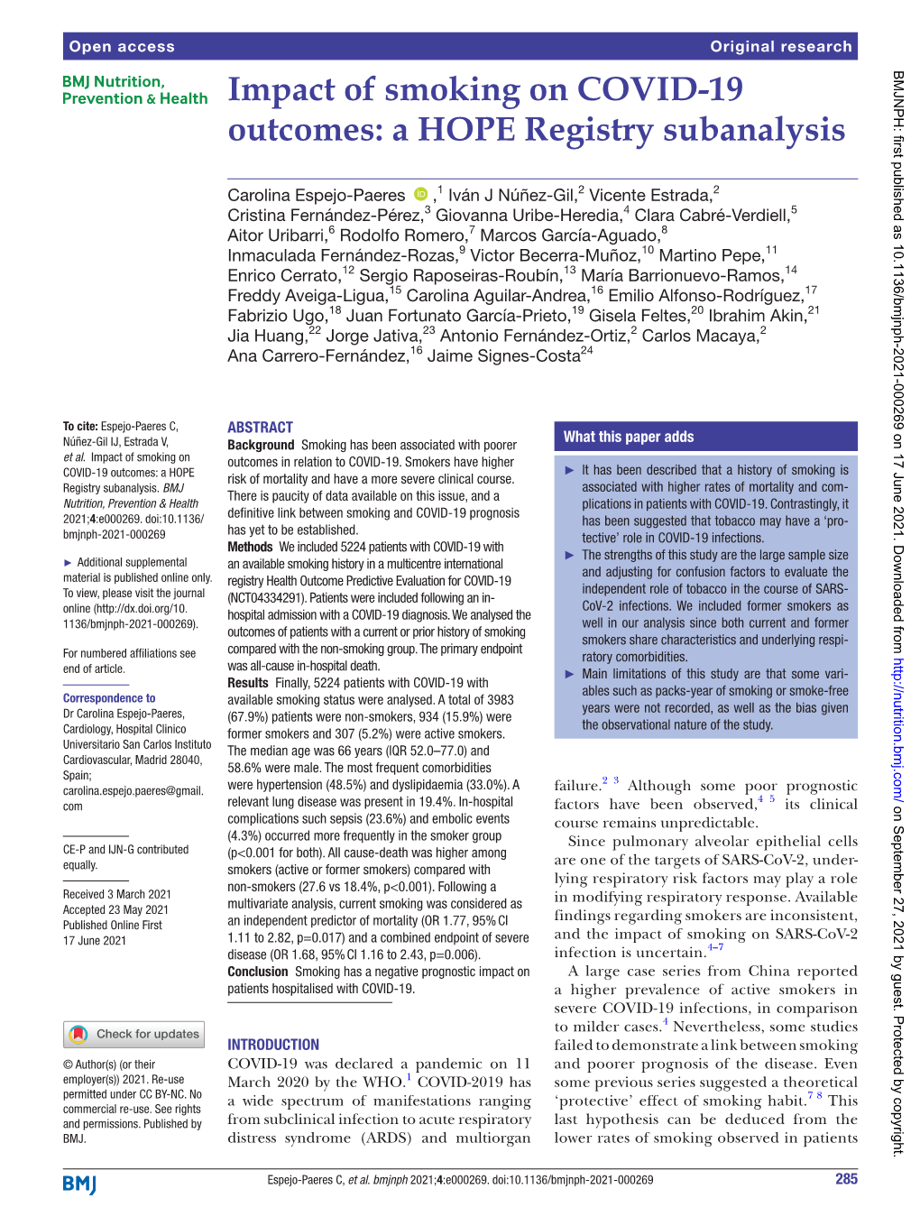 Impact of Smoking on COVID-19 Outcomes: a HOPE Registry Subanalysis