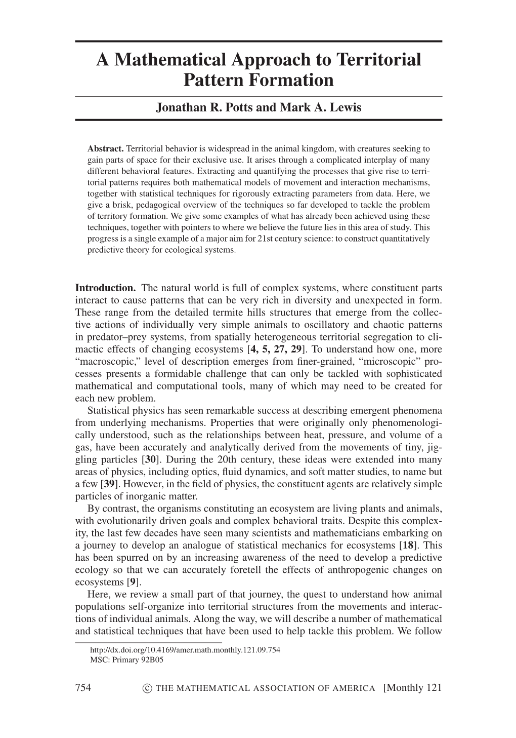 A Mathematical Approach to Territorial Pattern Formation Jonathan R