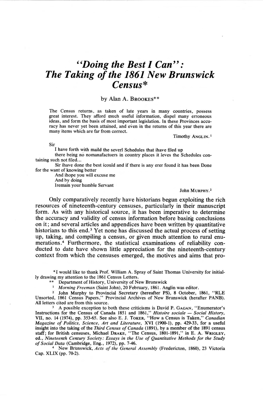 ''Doing the Best I Can'' : the Taking of the 1861 New Brunswick Census*