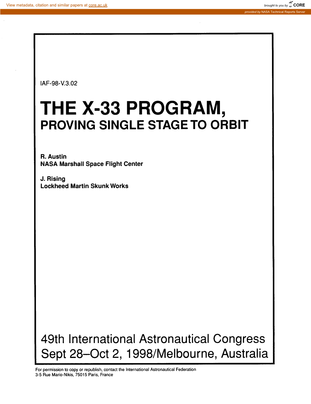 Th X-33 Program, Proving Single Stage to Orbit