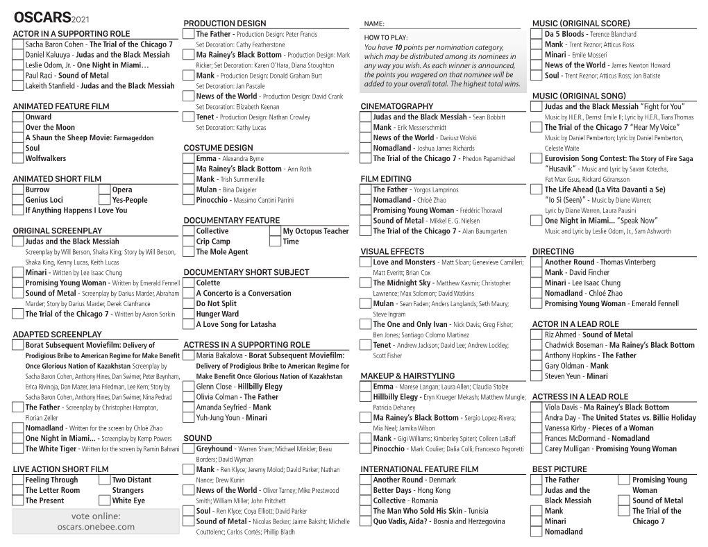 Printable Nominees Ballot